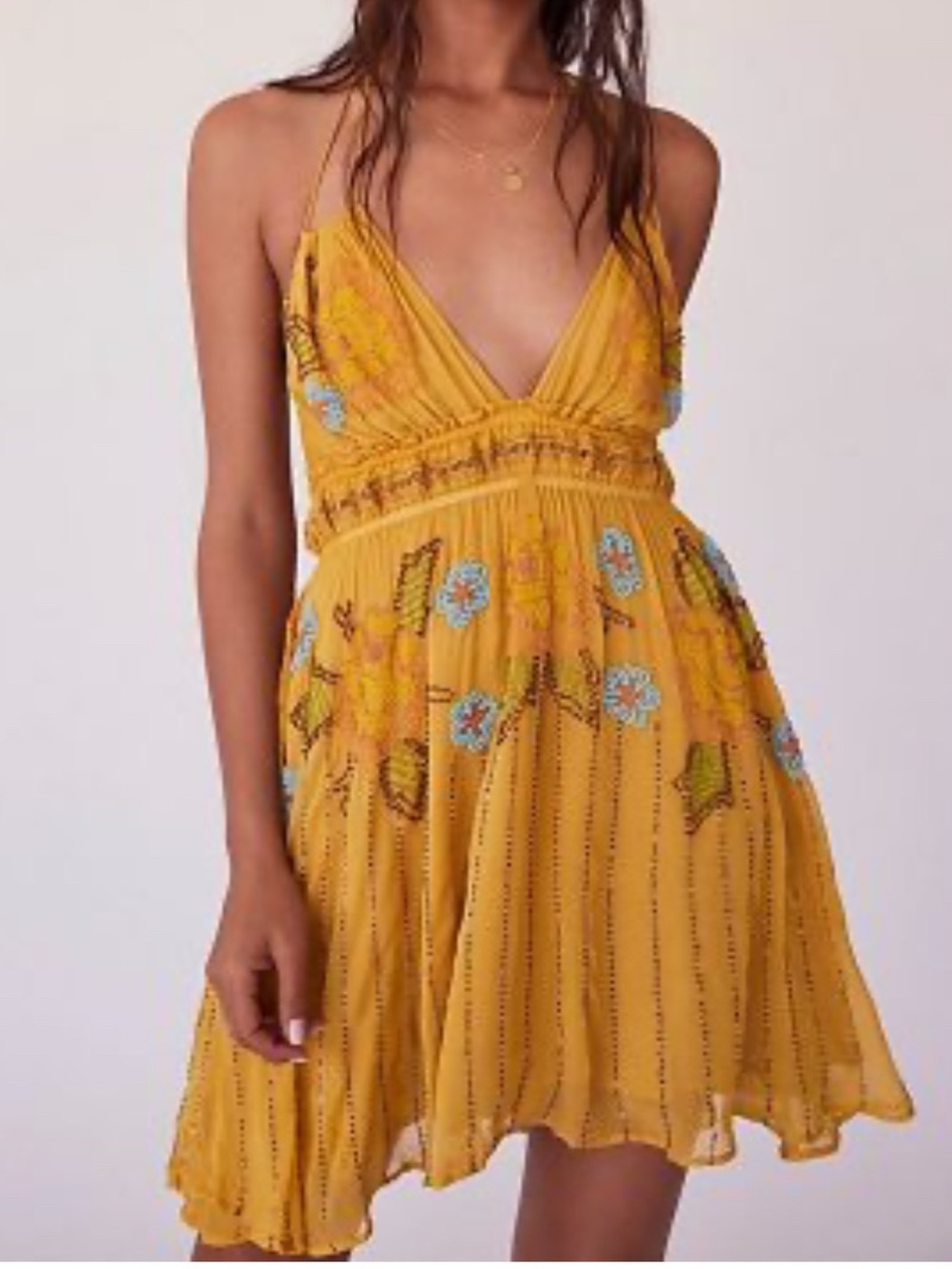 Free People Yellow Sun Beam Embellished Beaded Halter Mini Dress Size S NWOT!